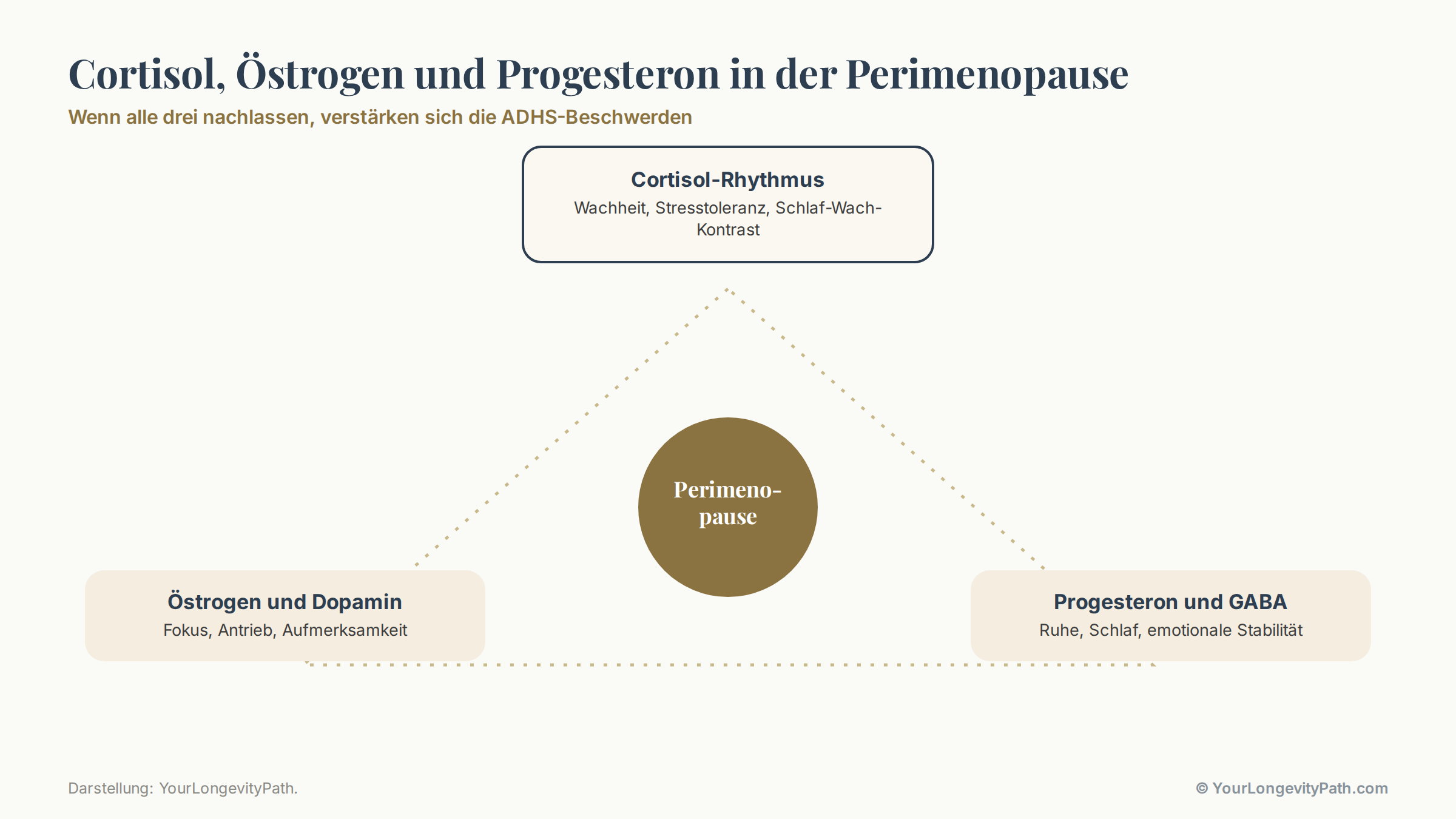 Infografik: Drei ineinandergreifende Zahnräder oder ein Dreieck mit den Achsen Östrogen und Dopamin (Fokus, Antrieb), Progesteron und GABA (Ruhe, Schlaf) und Cortisol-Rhythmus (Wachheit, Stresstoleranz). In der Perimenopause verändern sich alle drei gleichzeitig und verstärken sich gegenseitig.