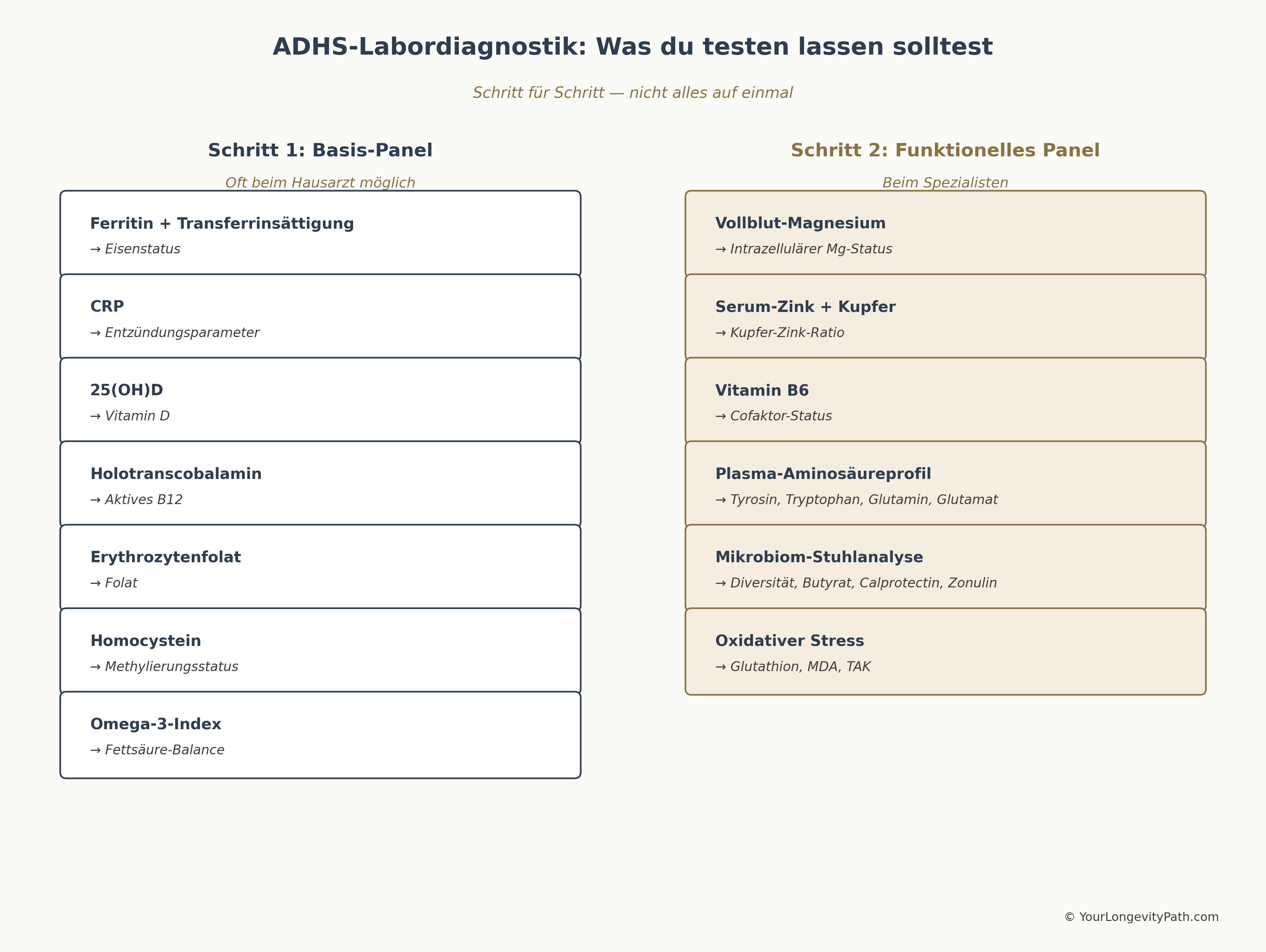 Infografik: ADHS-Labordiagnostik in zwei Schritten — links Schritt 1 Basis-Panel (Ferritin, CRP, Vitamin D, Holotranscobalamin, Erythrozytenfolat, Homocystein, Omega-3-Index), rechts Schritt 2 Funktionelles Panel (Vollblut-Magnesium, Serum-Zink und Kupfer, Vitamin B6, Plasma-Aminosäureprofil, Mikrobiom-Stuhlanalyse, Oxidativer Stress).