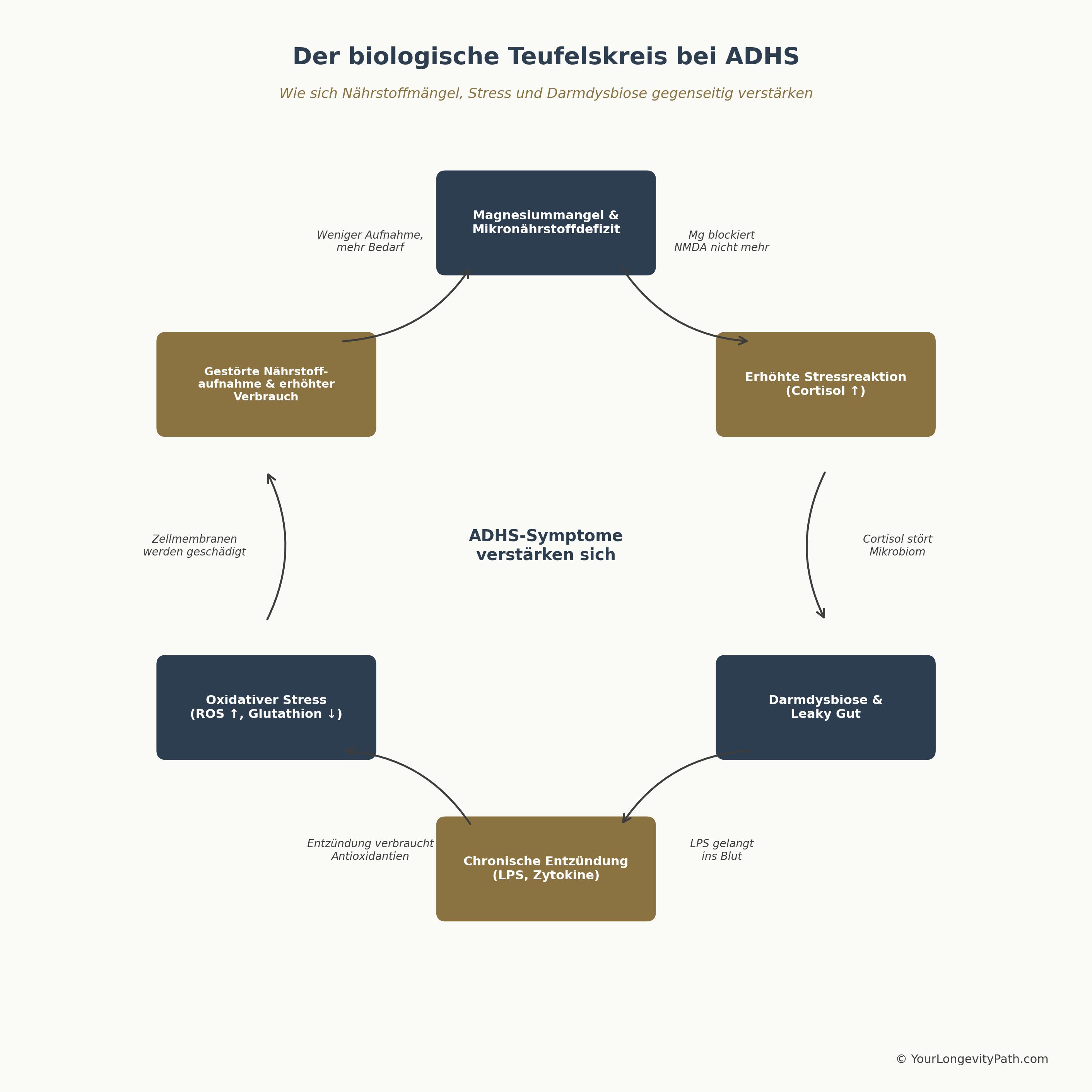Infografik: Der biologische Teufelskreis bei ADHS — sechs Stationen in einem Kreislauf: Magnesiummangel und Mikronährstoffdefizit führt zu erhöhter Stressreaktion (Cortisol), diese stört das Darmmikrobiom (Dysbiose und Leaky Gut), was chronische Entzündung auslöst (LPS, Zytokine), die oxidativen Stress verstärkt (ROS erhöht, Glutathion erniedrigt), wodurch die Nährstoffaufnahme weiter gestört wird — und der Kreislauf von vorne beginnt.