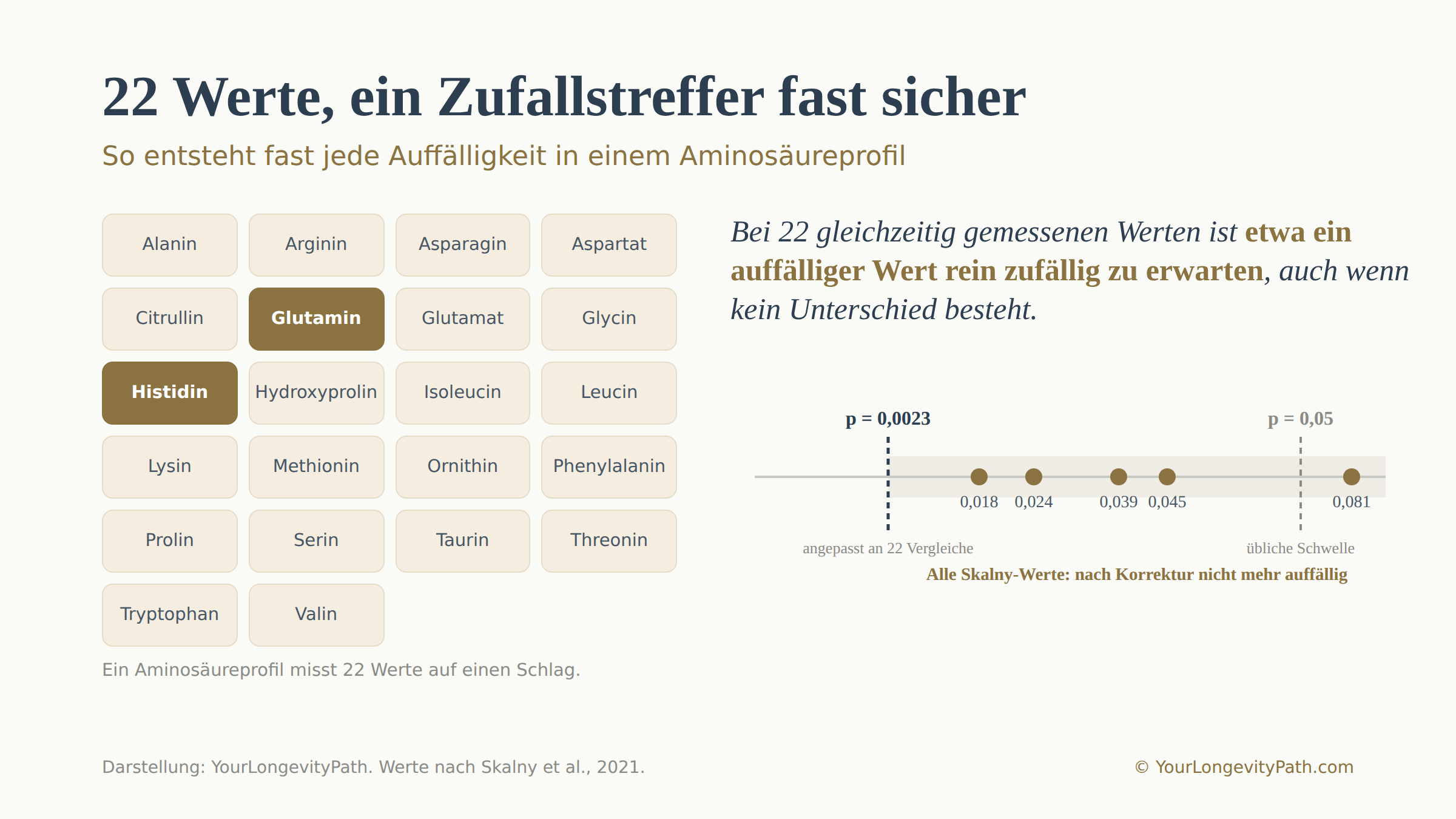Infografik: Warum ein Aminosäureprofil fast immer einen auffälligen Wert zeigt. Ein Raster aus 22 Feldern steht für die 22 gleichzeitig gemessenen Aminosäuren eines Plasmaprofils, zwei davon sind als auffällig markiert. Bei 22 gleichzeitigen Vergleichen ist etwa ein auffälliger Wert rein zufällig zu erwarten. Darunter ein Massstab mit zwei Schwellen: die übliche Schwelle von p gleich 0,05 und die an 22 Vergleiche angepasste Schwelle von p gleich 0,0023. Die tatsächlichen Werte der meistzitierten Studie, 0,018 bis 0,045, liegen alle oberhalb der angepassten Schwelle.