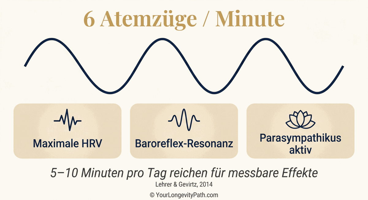 Infografik: Baroreflex-Resonanz bei 6 Atemzügen pro Minute. Sinuswelle zeigt langsame Atmung. Drei Karten: Maximale HRV, Baroreflex-Resonanz, Parasympathikus aktiv. 5–10 Minuten pro Tag reichen für messbare Effekte.