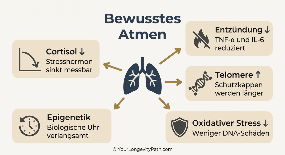 Infografik: Fünf zelluläre Effekte bewussten Atmens. Zentrale Lunge mit Pfeilen zu fünf Karten: Cortisol sinkt, Entzündung reduziert, Telomere werden länger, oxidativer Stress sinkt, epigenetische Uhr verlangsamt.
