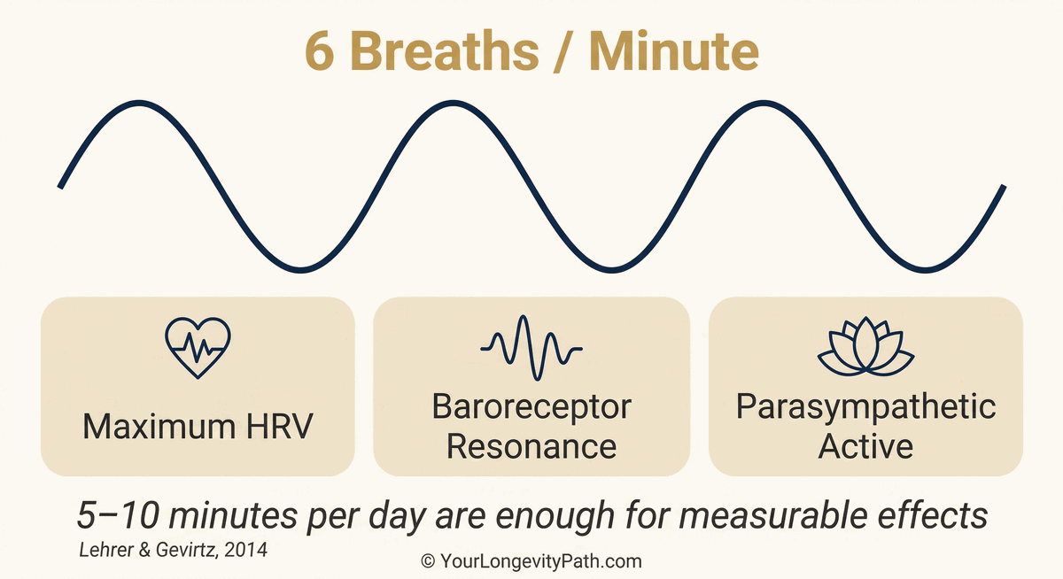 Infographic: Baroreceptor resonance at 6 breaths per minute. Sine wave showing slow breathing. Three cards: Maximum HRV, Baroreceptor Resonance, Parasympathetic Active. 5–10 minutes per day are enough for measurable effects.
