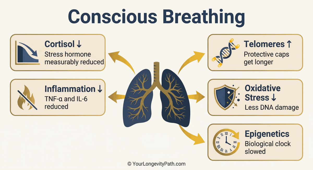 Infographic: Five cellular effects of conscious breathing. Central lung with arrows to five cards: Cortisol drops, Inflammation reduced, Telomeres get longer, Oxidative stress decreases, Epigenetic clock slowed.