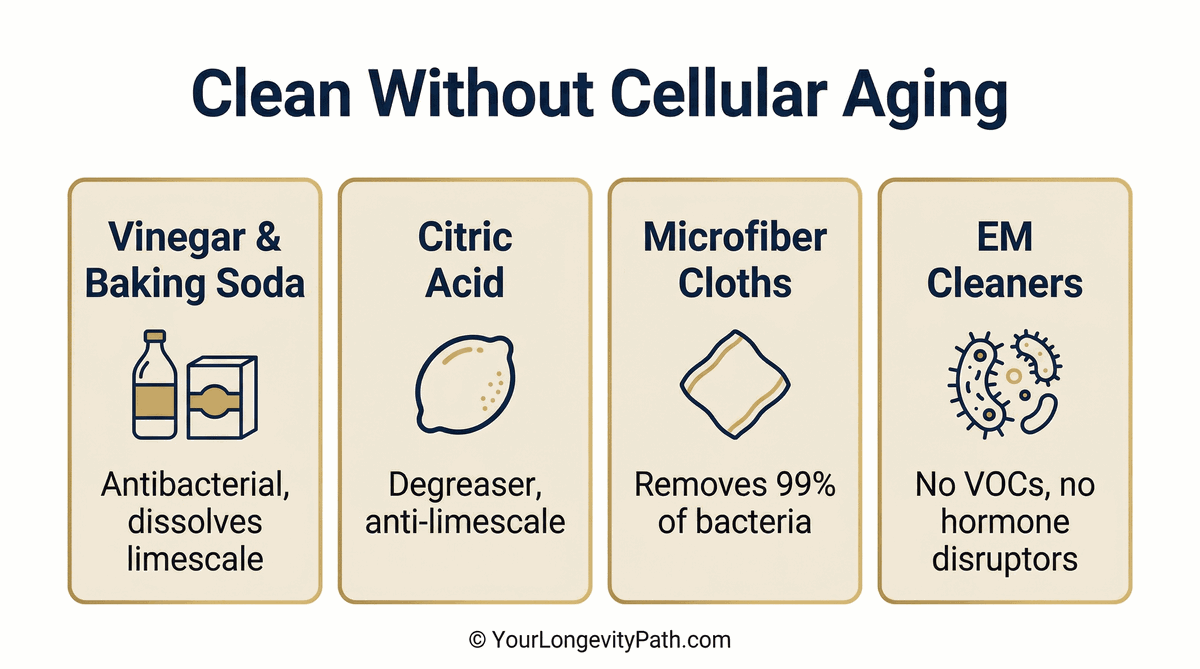 Clean without cellular aging: vinegar & baking soda, citric acid, microfiber cloths, EM cleaners