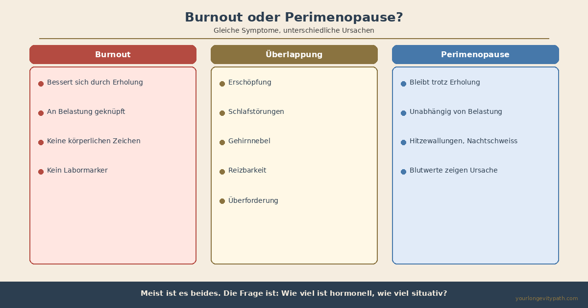 Infografik: Burnout oder Perimenopause — Drei-Spalten-Vergleich mit gemeinsamen Symptomen (Erschöpfung, Schlafstörungen, Gehirnnebel, Reizbarkeit) in der Mitte, Burnout-spezifische Merkmale links, Perimenopause-spezifische Merkmale rechts