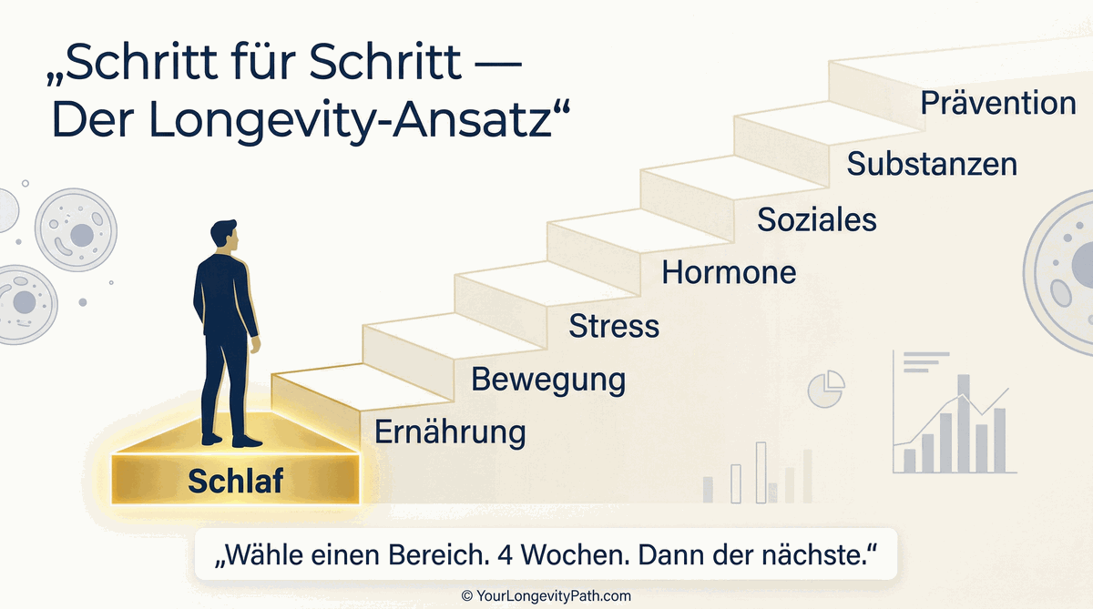 Schritt für Schritt: Treppe mit den 8 Longevity-Dimensionen von Schlaf bis Prävention