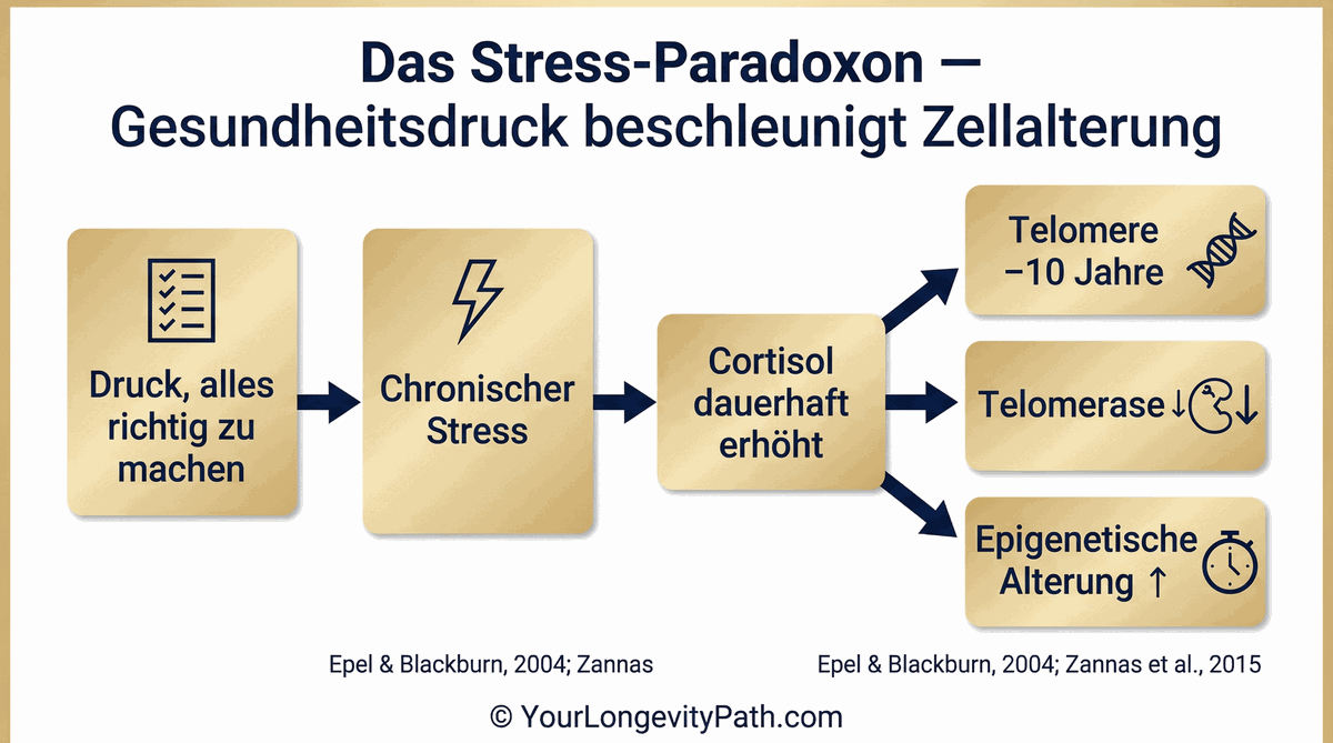 Das Stress-Paradoxon: Gesundheitsdruck beschleunigt Zellalterung über Telomerverkürzung und epigenetische Alterung
