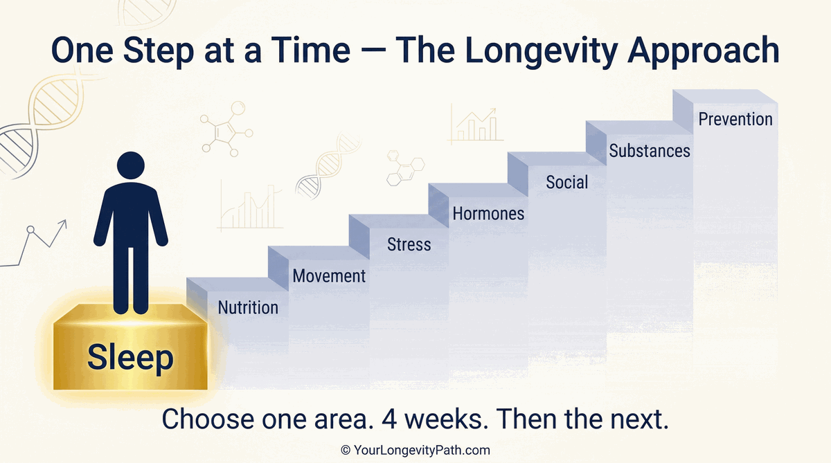 One Step at a Time: staircase with the 8 longevity dimensions from Sleep to Prevention