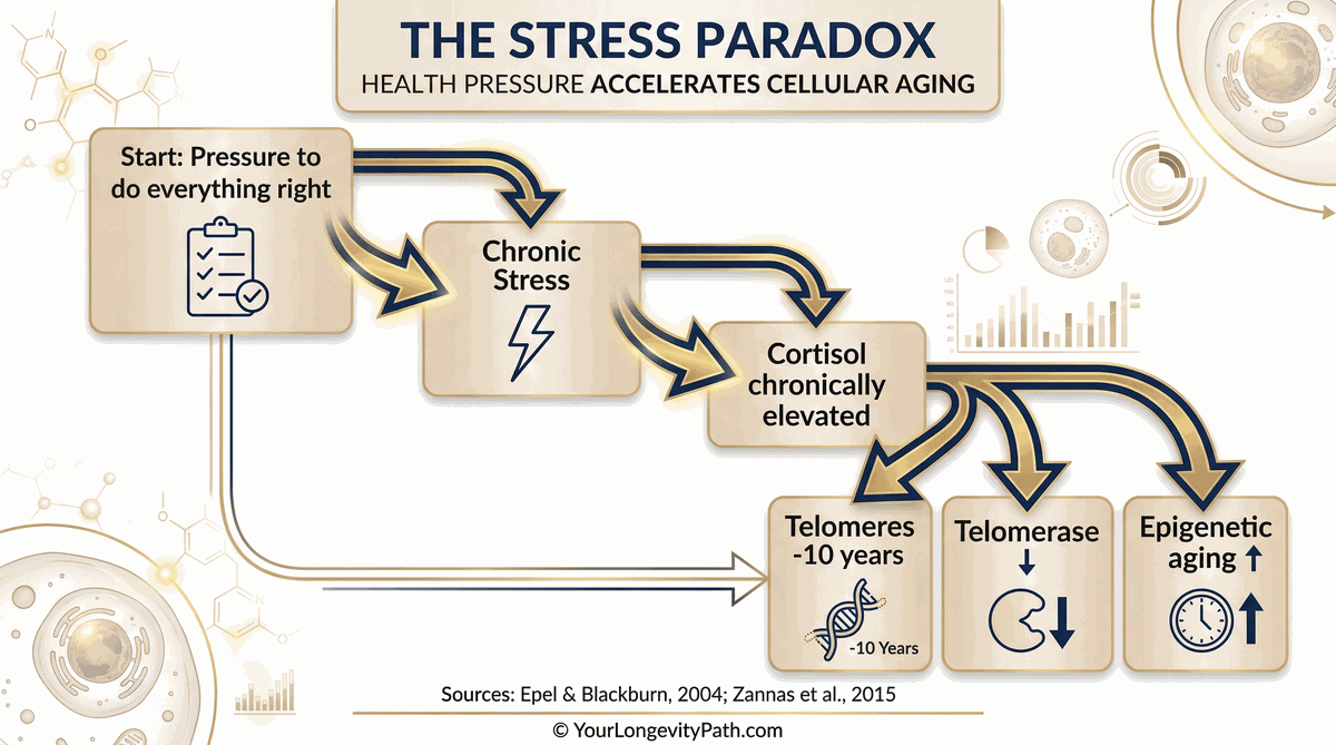 The Stress Paradox: health pressure accelerates cellular aging through telomere shortening and epigenetic aging