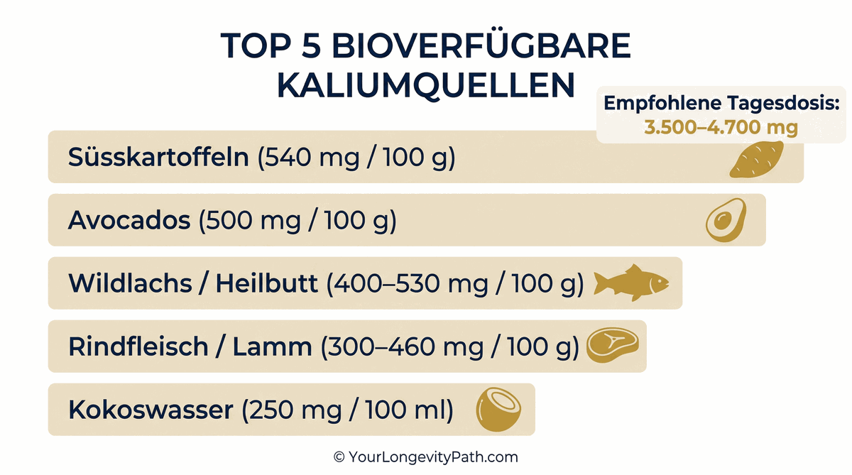 Top 5 bioverfügbare Kaliumquellen: Süsskartoffeln, Avocados, Wildlachs, Rindfleisch, Kokoswasser