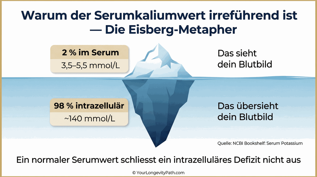 Eisberg-Metapher: 2 % des Kaliums im Serum sichtbar, 98 % intrazellulär verborgen