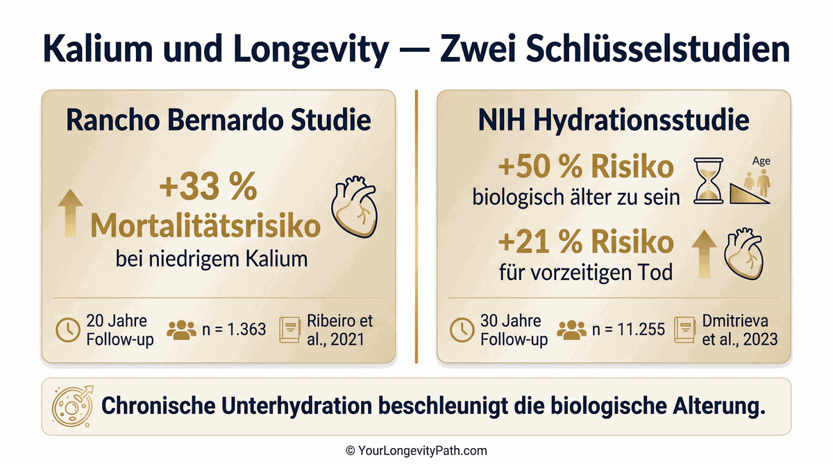 Kalium und Longevity: Rancho Bernardo Studie +33 % Mortalitätsrisiko, NIH Hydrationsstudie +50 % biologisch älter