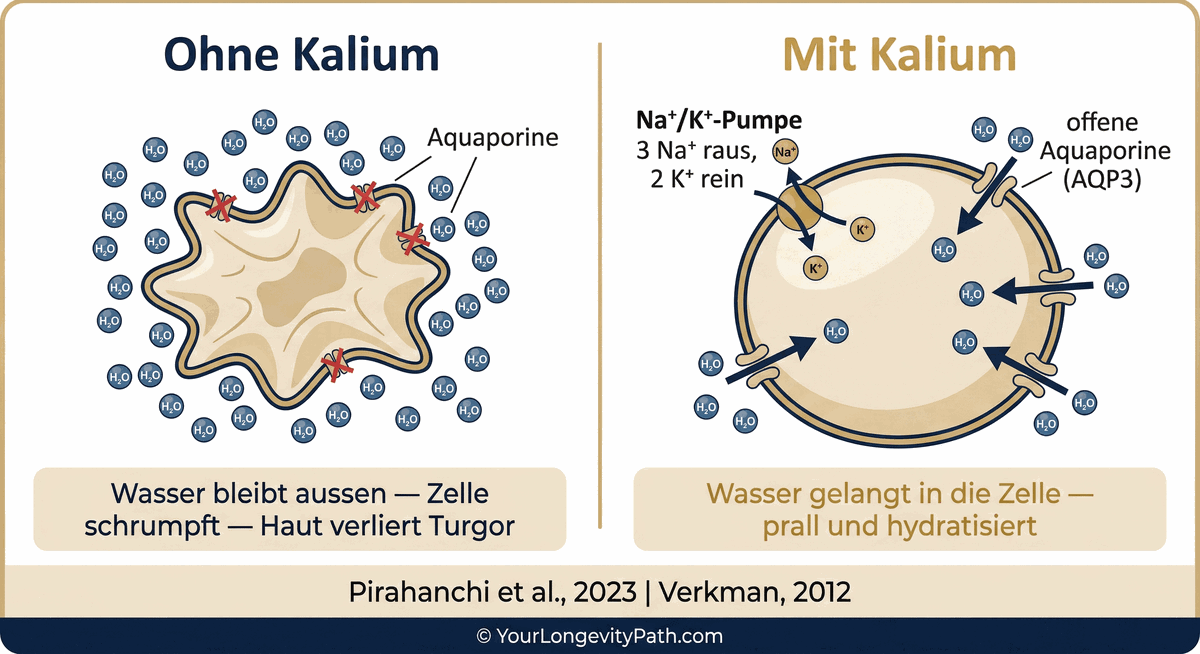 Extrazelluläre vs. intrazelluläre Hydration: Ohne Kalium schrumpft die Zelle, mit Kalium ist sie prall und hydratisiert
