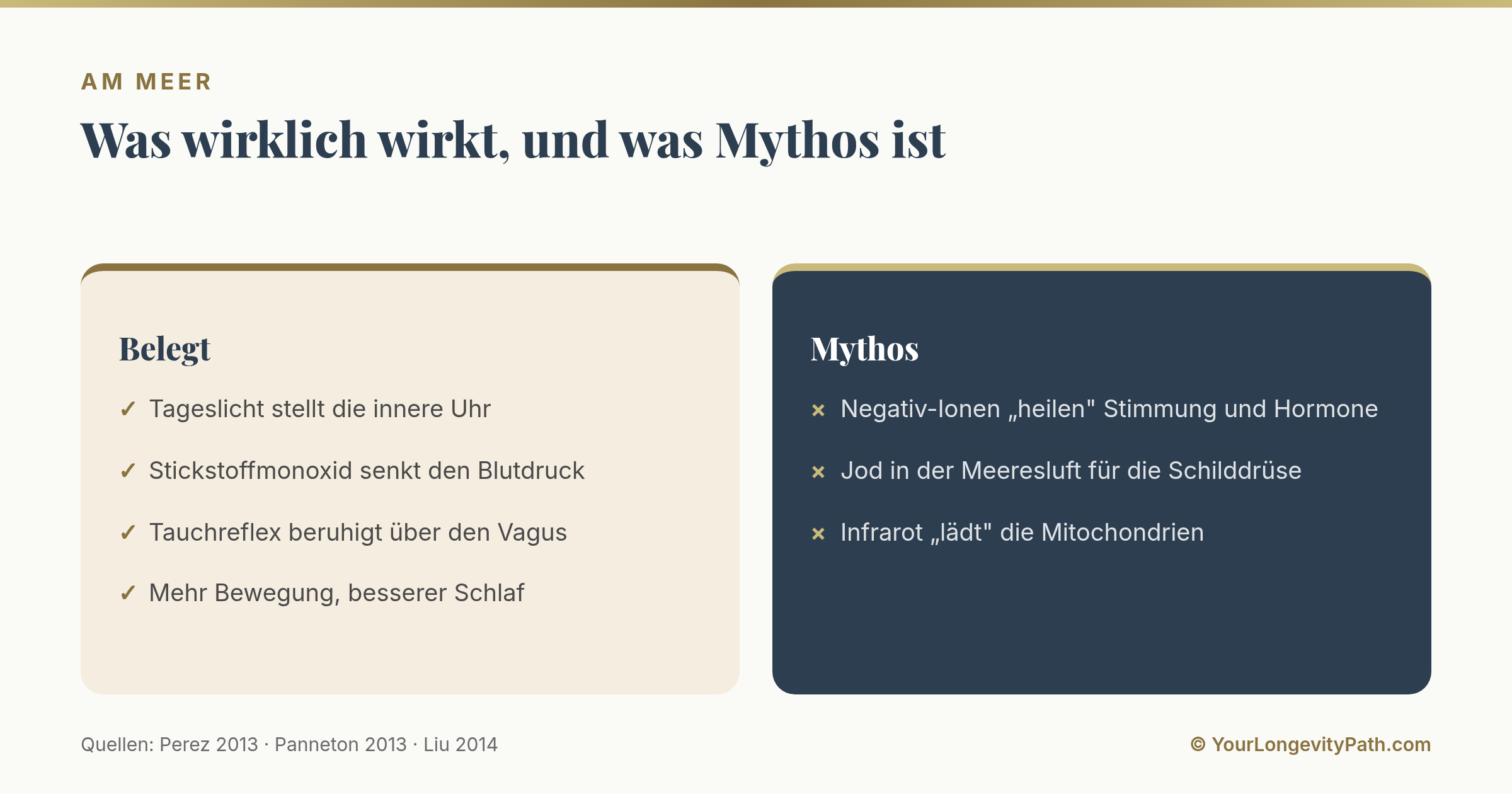 Infografik: Was am Meer wirklich wirkt gegenüber Mythos. Belegt sind Tageslicht, Stickstoffmonoxid, Tauchreflex, Bewegung und Schlaf. Mythos sind Negativ-Ionen, Jod in der Luft und das Infrarot-Wunder.