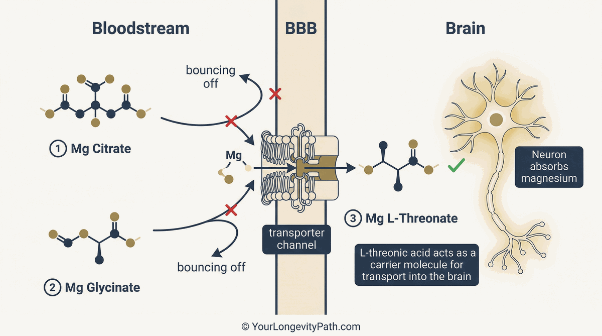 Infographic: Blood-brain barrier with three magnesium forms. Mg Citrate and Mg Glycinate bounce off the BBB, while Mg L-Threonate passes through via a transporter channel and reaches the neuron.