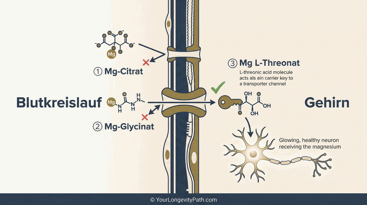 Infografik: Blut-Hirn-Schranke mit drei Magnesiumformen. Mg-Citrat und Mg-Glycinat prallen ab, Mg L-Threonat passiert über einen Transporterkanal und erreicht das Gehirn.