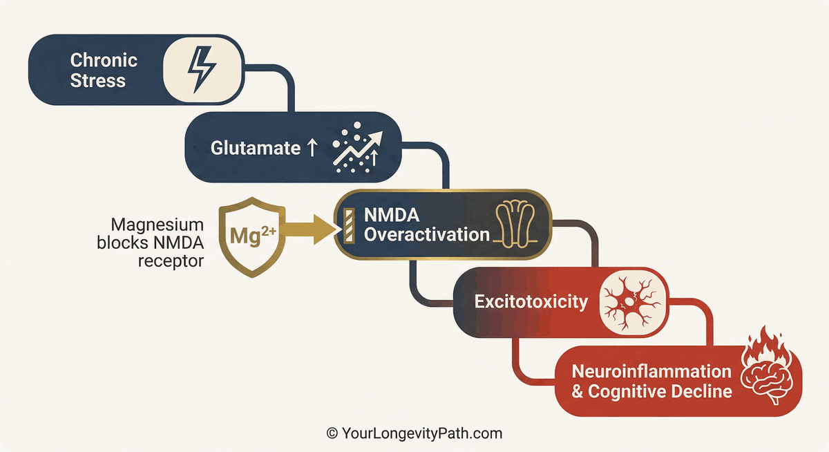 Infographic: Excitotoxicity cascade from chronic stress in 5 steps. Chronic Stress, Glutamate increase, NMDA Overactivation (magnesium intervenes here), Excitotoxicity, Neuroinflammation and Cognitive Decline.