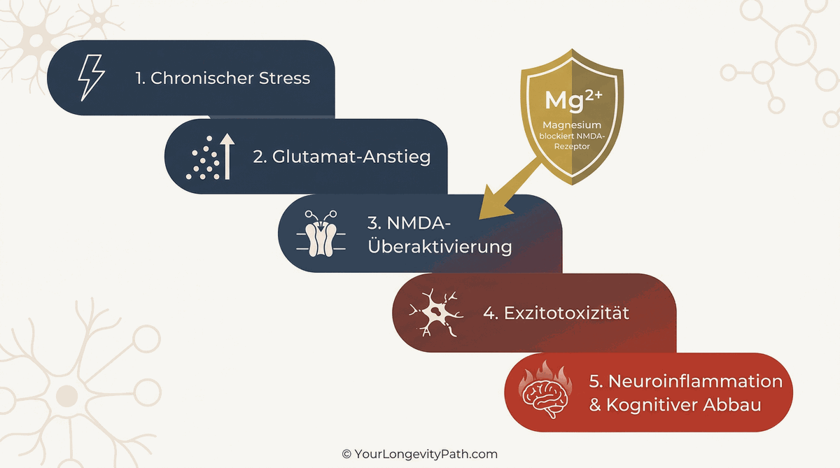 Infografik: Exzitotoxizitäts-Kaskade bei chronischem Stress in 5 Stufen. 1. Chronischer Stress, 2. Glutamat-Anstieg, 3. NMDA-Überaktivierung (hier greift Magnesium ein), 4. Exzitotoxizität, 5. Neuroinflammation und kognitiver Abbau.