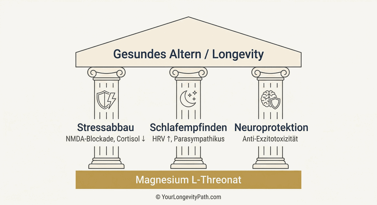 Infografik: Longevity-Dreiklang von Magnesium L-Threonat. Drei Säulen tragen das Dach „Gesundes Altern / Longevity": Stressabbau (NMDA-Blockade, Cortisol-Senkung), Schlafempfinden (HRV, Parasympathikus) und Neuroprotektion (Anti-Exzitotoxizität). Fundament: Magnesium L-Threonat.
