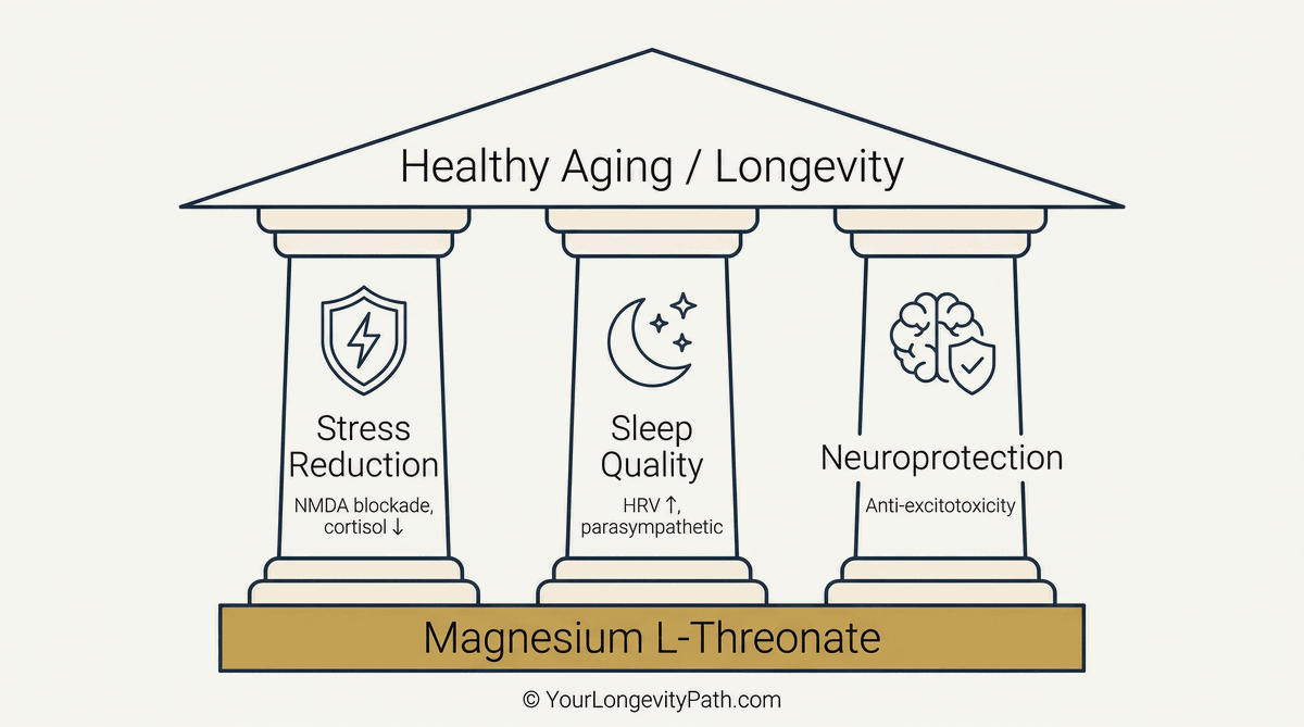 Infographic: Longevity triad of magnesium L-threonate. Three pillars support the roof labeled Healthy Aging / Longevity: Stress Reduction (NMDA blockade, cortisol reduction), Sleep Quality (HRV, parasympathetic), and Neuroprotection (anti-excitotoxicity). Foundation: Magnesium L-Threonate.