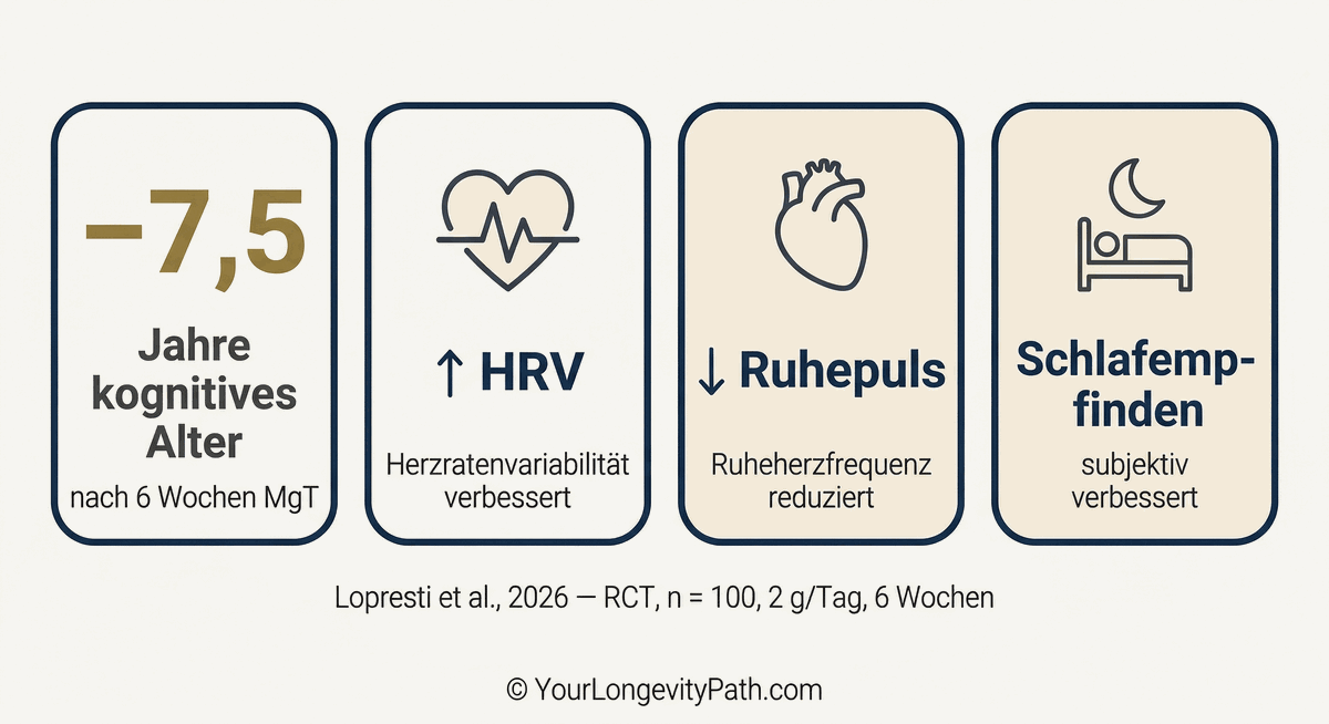 Infografik: Studienergebnisse der Lopresti-RCT 2026. Vier Karten: −7,5 Jahre kognitives Alter nach 6 Wochen MgT, HRV verbessert, Ruhepuls reduziert, Schlafempfinden subjektiv verbessert. Lopresti et al., 2026, RCT, n=100, 2 g/Tag, 6 Wochen.