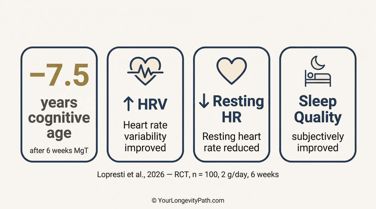 Infographic: Lopresti RCT 2026 results. Four cards: −7.5 years cognitive age after 6 weeks MgT, HRV improved, resting heart rate reduced, sleep quality subjectively improved. Lopresti et al., 2026, RCT, n=100, 2 g/day, 6 weeks.