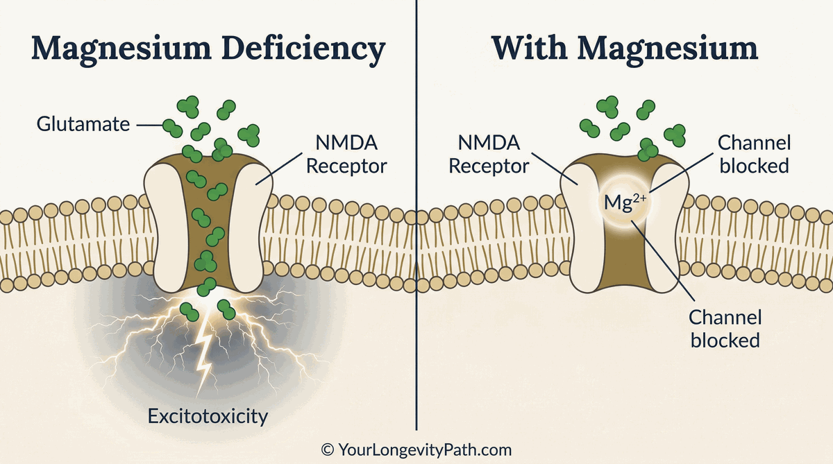 Infographic: NMDA receptor with and without magnesium. Left: magnesium deficiency with open channel, glutamate flooding and excitotoxicity. Right: Mg²⁺ blocks the channel, preventing overstimulation.