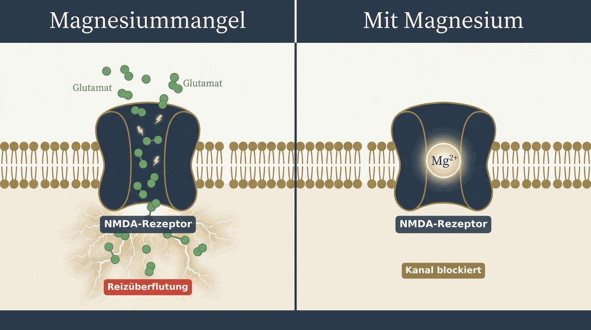 Infografik: NMDA-Rezeptor bei Magnesiummangel vs. mit Magnesium. Links: offener Kanal, Glutamat-Überflutung und Reizüberflutung. Rechts: Mg²⁺ blockiert den Kanal, Reizüberflutung gestoppt.