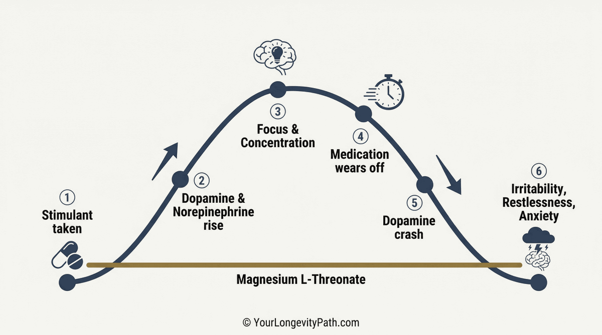 Infographic: The stimulant rebound cycle in ADHD in 6 steps. From stimulant taken through dopamine rise and focus to dopamine crash with irritability, restlessness and anxiety. The gold baseline shows where Magnesium L-Threonate provides stabilization.