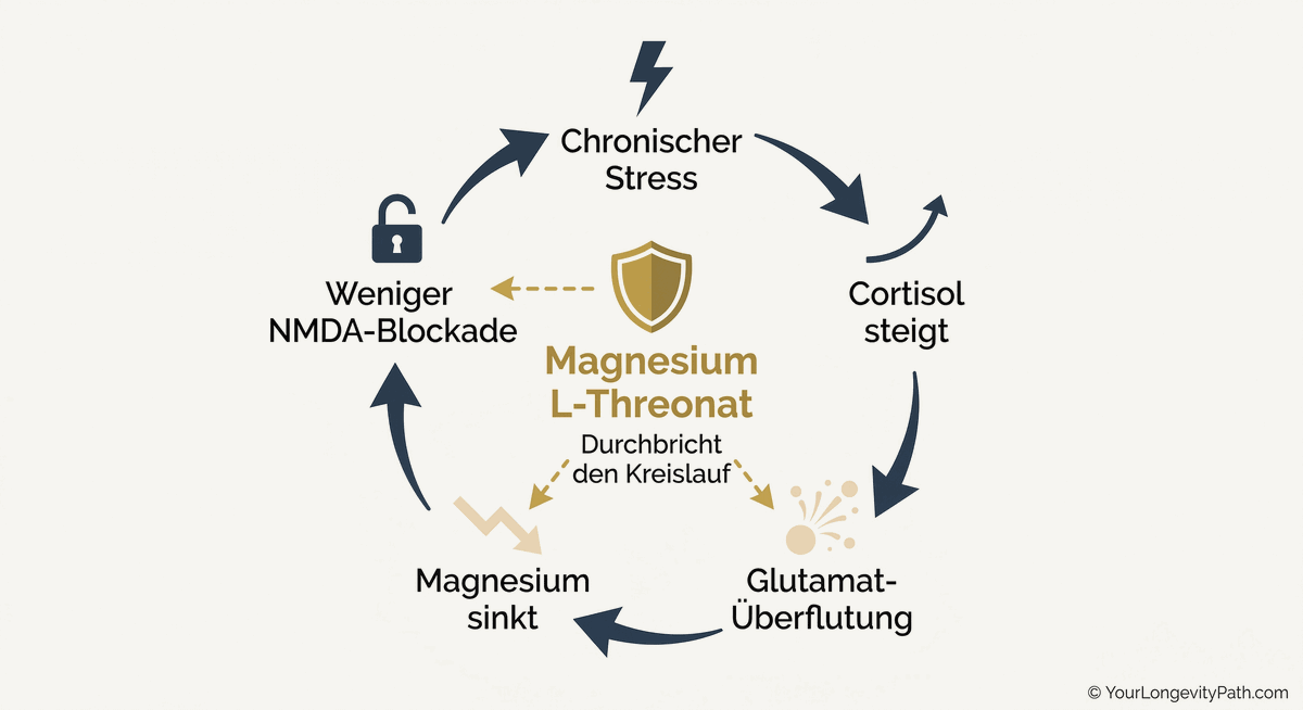 Infografik: Stress-Magnesium-Teufelskreis. Fünf Stationen im Kreis: Chronischer Stress, Cortisol steigt, Glutamat-Überflutung, Magnesium sinkt, weniger NMDA-Blockade. In der Mitte: Magnesium L-Threonat durchbricht den Kreislauf.