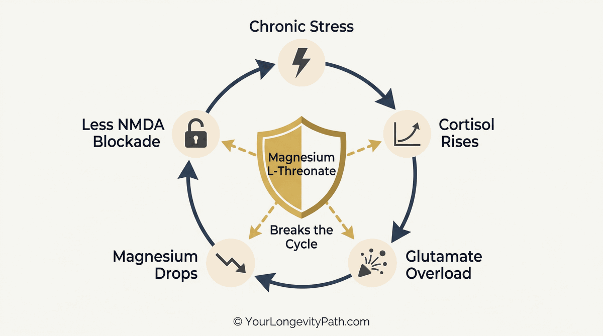 Infographic: Stress-magnesium vicious cycle. Five stations in a circle: Chronic Stress, Cortisol Rises, Glutamate Overload, Magnesium Drops, Less NMDA Blockade. Center: Magnesium L-Threonate breaks the cycle.