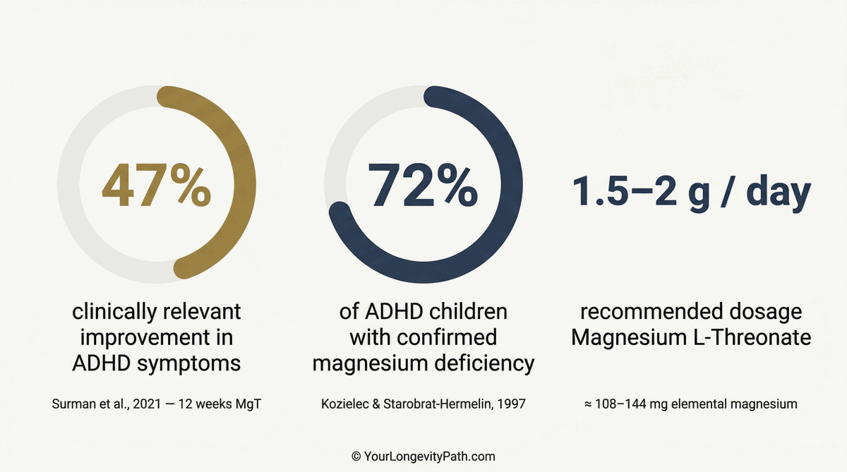 Infographic: Key study results on magnesium and ADHD. 47% clinically relevant improvement in ADHD symptoms (Surman et al., 2021), 72% of ADHD children with confirmed magnesium deficiency (Kozielec & Starobrat-Hermelin, 1997), recommended dosage 1.5–2 g per day.