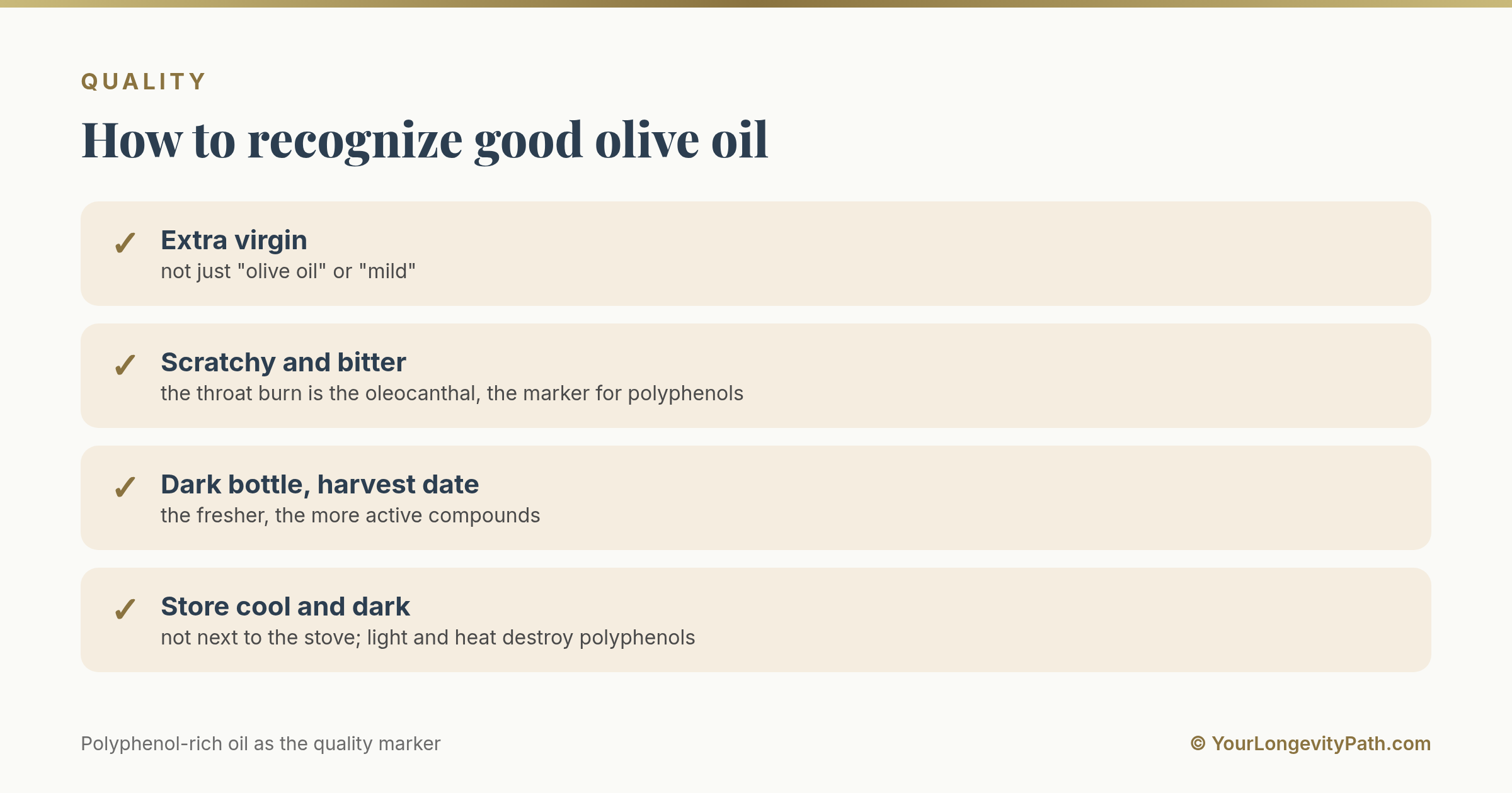 Infographic: How to recognize good olive oil. Extra virgin, scratchy and bitter in taste, dark bottle with a harvest date, stored cool and dark.