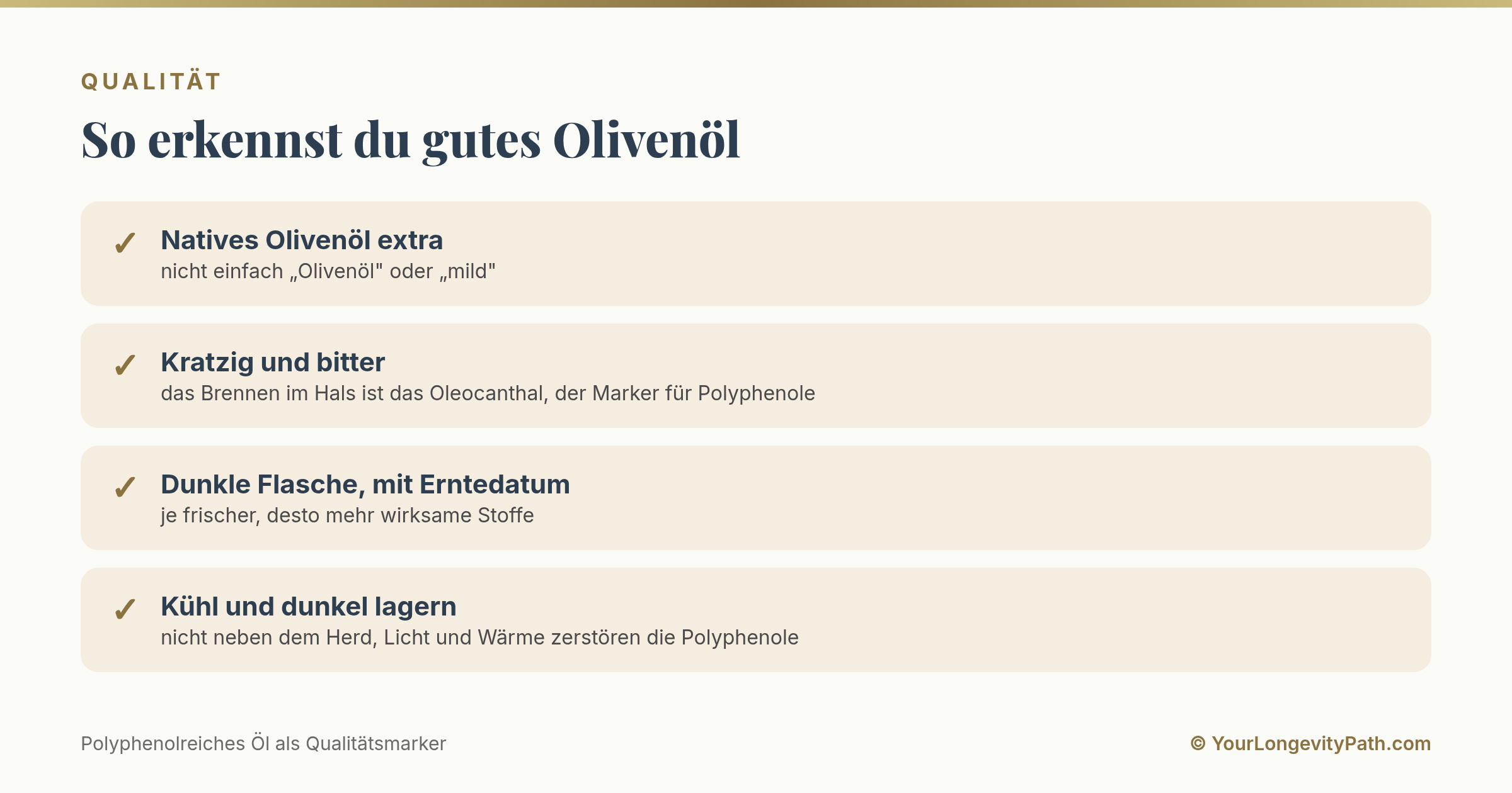 Infografik: So erkennst du gutes Olivenöl. Natives Öl extra, kratzig und bitter im Geschmack, dunkle Flasche mit Erntedatum, kühl und dunkel gelagert.