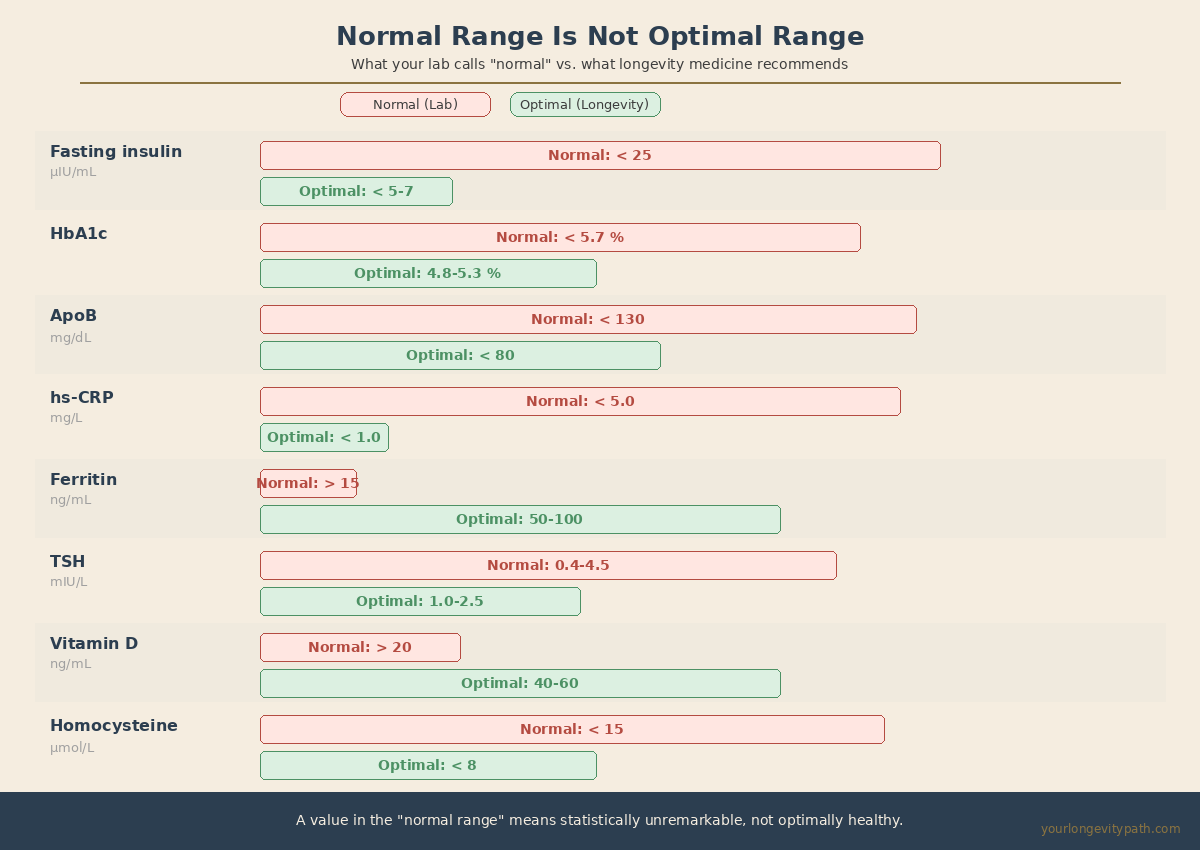 Infographic: Normal vs. Optimal ranges — 8 biomarkers compared. Fasting insulin (normal below 25, optimal below 5–7), HbA1c, ApoB, hs-CRP, ferritin, TSH, vitamin D, homocysteine with conventional and functional target ranges