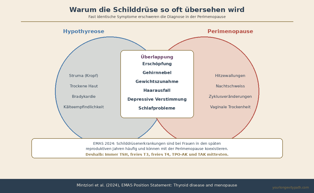 Infografik: Venn-Diagramm Hypothyreose vs. Perimenopause — Überlappung bei Erschöpfung, Gehirnnebel, Gewichtszunahme, Haarausfall, depressiver Verstimmung und Schlafproblemen. Quelle: EMAS 2024