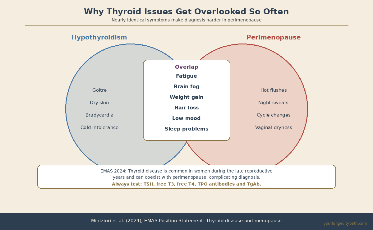 Infographic: Venn diagram of hypothyroidism vs. perimenopause symptoms — overlap includes fatigue, brain fog, weight gain, hair loss, low mood and sleep problems. Source: EMAS 2024