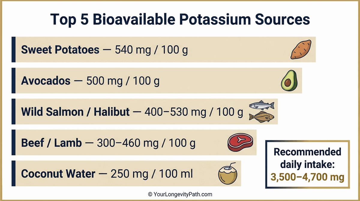Top 5 bioavailable potassium sources: sweet potatoes, avocados, wild salmon, beef, coconut water