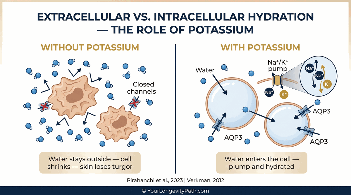 Extracellular vs. intracellular hydration: without potassium the cell shrinks, with potassium it is plump and hydrated