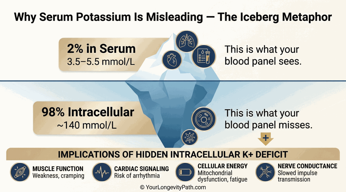 Iceberg metaphor: 2% of potassium visible in serum, 98% hidden intracellularly