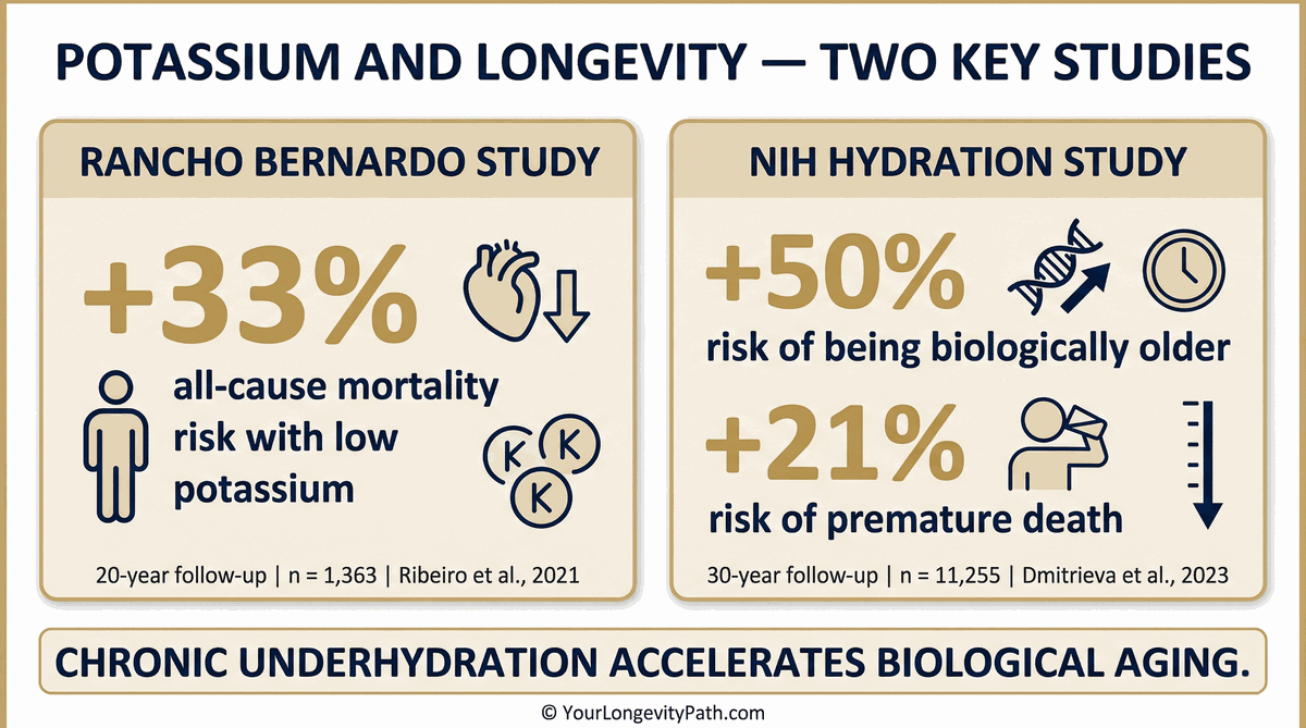 Potassium and Longevity: Rancho Bernardo Study +33% mortality risk, NIH Hydration Study +50% biologically older