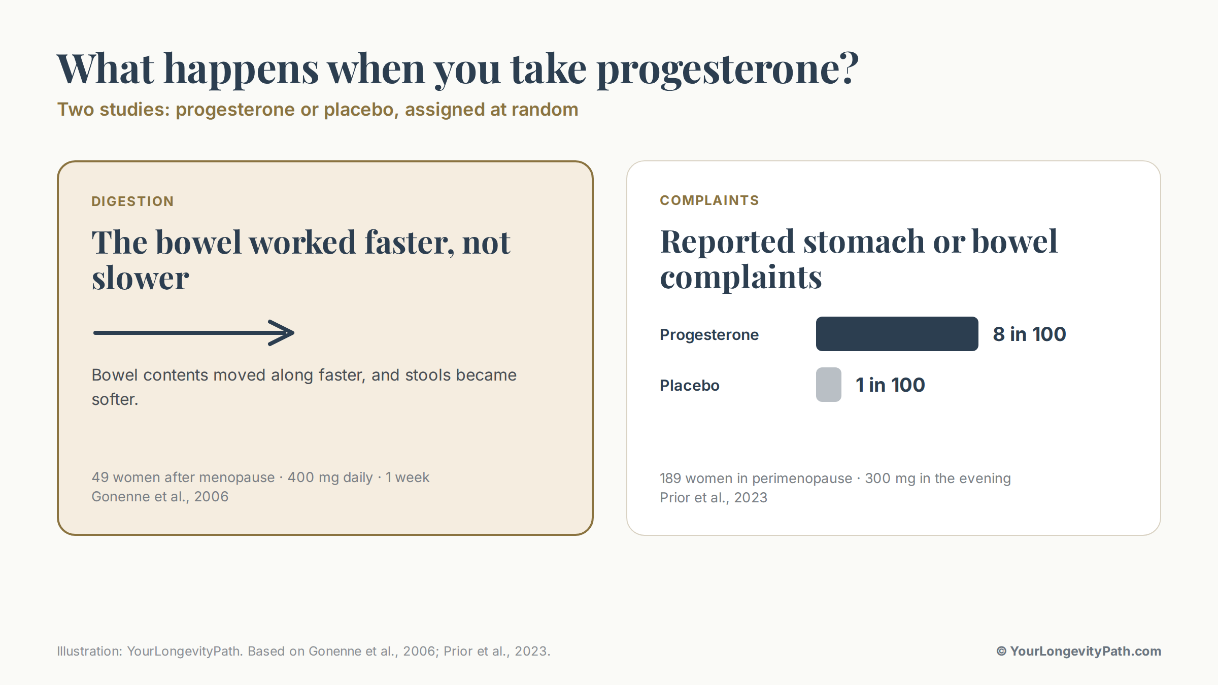 Infographic: Two studies of progesterone versus a placebo. Left: in 49 women after menopause, the bowel worked faster on progesterone. Right: of 100 women in perimenopause, 8 on progesterone reported stomach and bowel complaints, compared with 1 on the placebo.