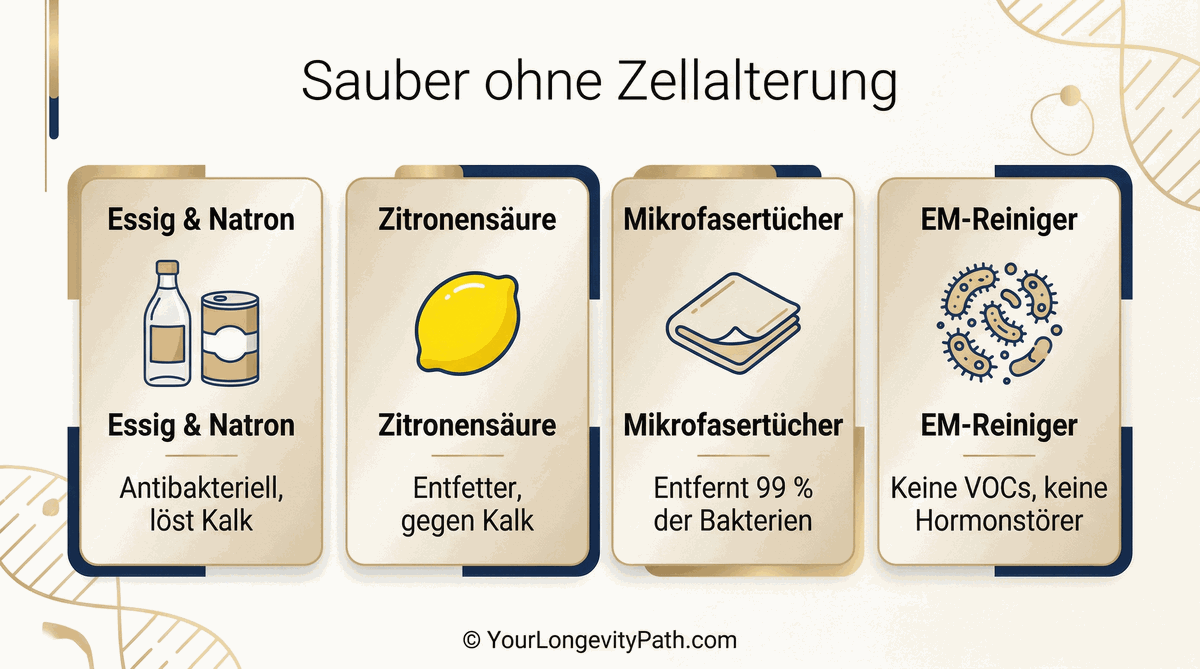 Sauber ohne Zellalterung: Essig & Natron, Zitronensäure, Mikrofasertücher, EM-Reiniger