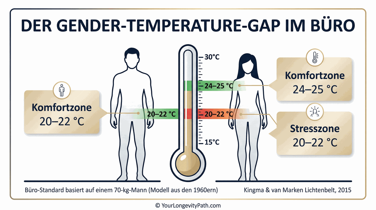 Der Gender-Temperature-Gap im Büro: Komfortzone Männer 20–22 °C vs. Stresszone Frauen 20–22 °C, Komfortzone Frauen 24–25 °C
