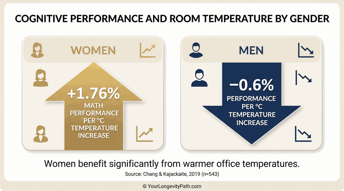 Cognitive Performance and Room Temperature by Gender: Women +1.76% per °C, Men −0.6% per °C