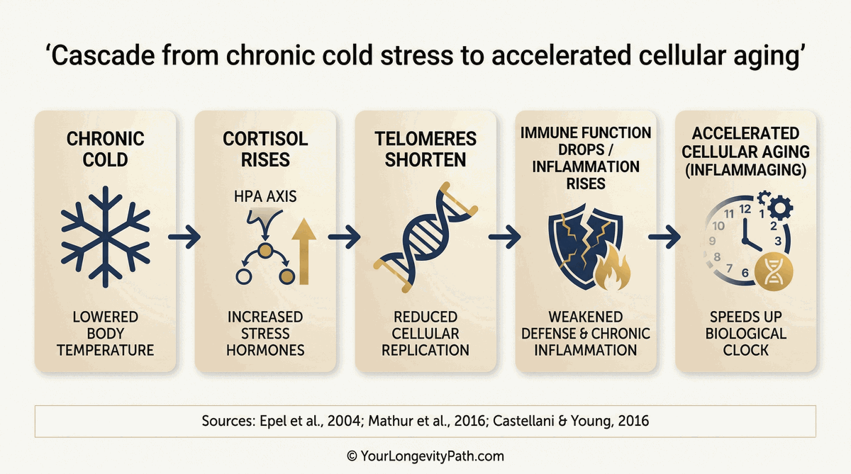 Cascade from chronic cold stress to accelerated cellular aging in 5 steps