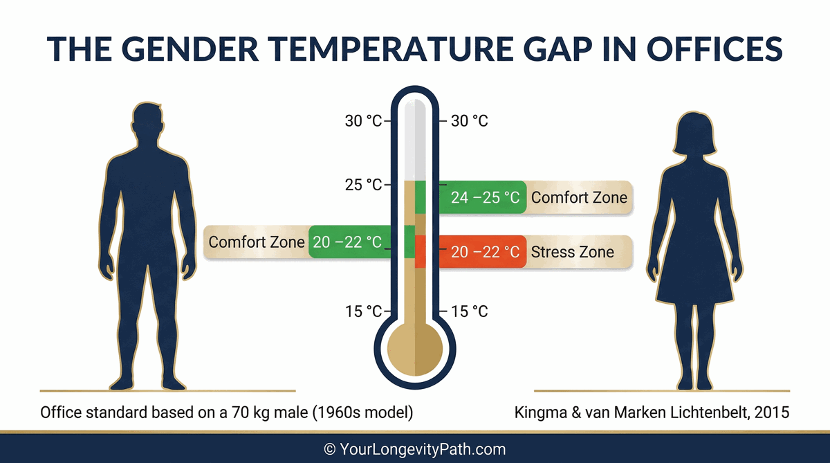 The Gender Temperature Gap in Offices: Men's comfort zone 20–22 °C vs. Women's stress zone 20–22 °C, comfort zone 24–25 °C