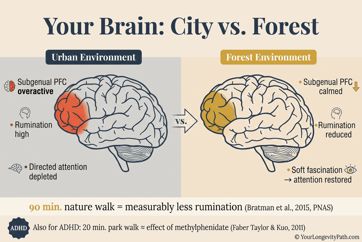 Infographic: Two brain silhouettes side by side. Left "Urban environment": Subgenual PFC active, rumination high, directed attention depleted. Right "Forest environment": Subgenual PFC calmed, rumination reduced, soft fascination, attention restored.