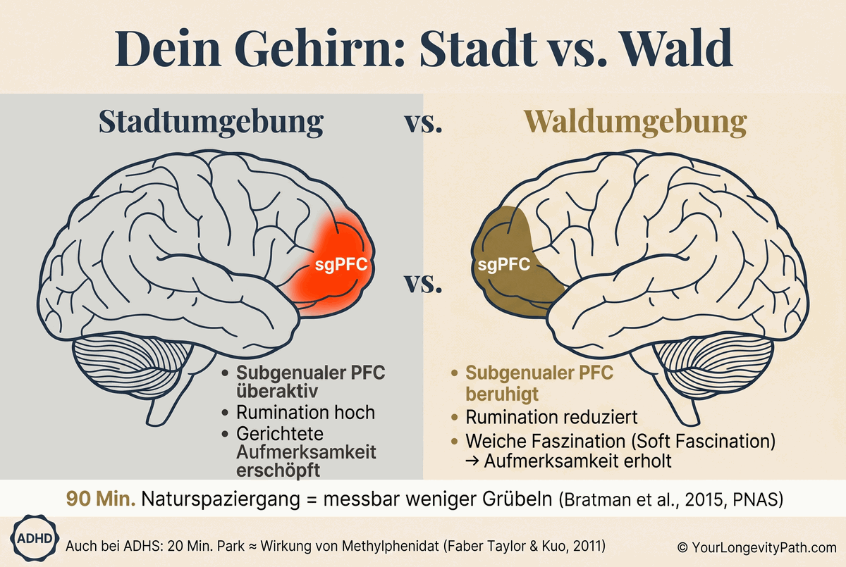 Infografik: Zwei Gehirn-Silhouetten nebeneinander. Links "Stadtumgebung": Subgenualer PFC aktiv, Rumination hoch, gerichtete Aufmerksamkeit erschöpft. Rechts "Waldumgebung": Subgenualer PFC beruhigt, Rumination reduziert, soft fascination, Aufmerksamkeit erholt.